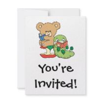 Cute Book Worm and Reading Bear Custom Invite
