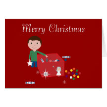 Cute Boy & Decoration Box Red Christmas Card