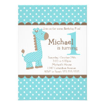 Cute Boy Jungle Safari Blue Giraffe Birthday Party Personalized Invitations