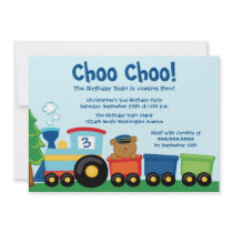 Cute boy's train bear birthday party invitation
