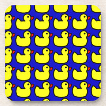 Cute Bright Yellow Rubber Ducky Pattern on Blue Beverage Coaster