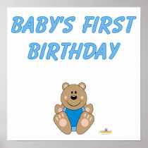 Cute Brown Bear Blue Bib Baby's First Birthday Posters