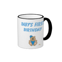 Cute Brown Bear Blue Silly Hat Baby's First Birthd Mugs