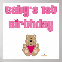 Cute Brown Bear Pink Bib Baby's 1st Birthday Posters