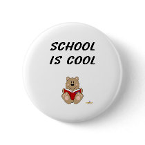 Cute Brown Bear Reading School Is Cool Button
