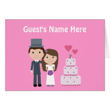 Cute Cartoon Bride Groom & Cake Pink Seating Card