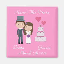 Cute Cartoon Bride, Groom & Cake Save The Date Refrigerator Magnet