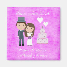 Cute Cartoon Bride, Groom & Cake Save The Date Fridge Magnet