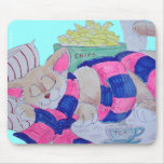 Cute cartoon cat sleeping while wearing scarf... mousepads