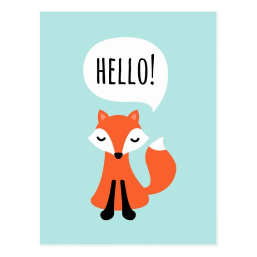 Cute cartoon fox on blue background saying hello postcard | Zazzle