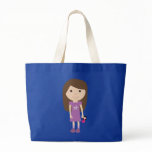 Cute cartoon girl with doll blue tote bag