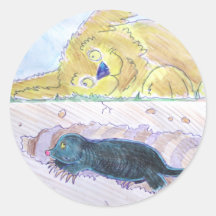 cute cartoon mole digging tunnel while dog listens round stickers