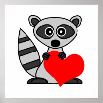 Cute Cartoon Racoon Holding Heart Poster / Print
