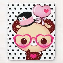 Cute chocolate bear with pink glasses mouse pads