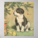 Cute Christmas Puppy Sitting Under Christmas Tree Poster