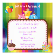 Cute & Colourful Animals Girls Birthday Party Personalised Invite