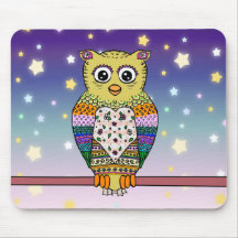 Cute Colourful Owl on star lit night Mouse Mat