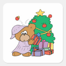 cute curious christmas bear square sticker