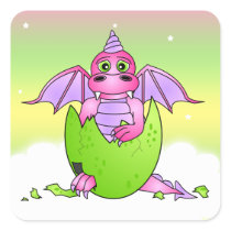 Cute Dragon Baby in Cracked Egg - Pink / Purple Square Sticker