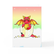 Cute Dragon Baby in Cracked Egg - Red / Yellow Greeting Cards