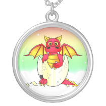 Cute Dragon Baby in Cracked Egg - Red / Yellow Necklace