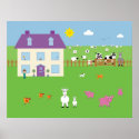 Cute Farm Animals & House Poster posters