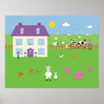 Cute Farm Animals & House Poster posters