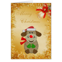 Cute Felt Dog, Gold Tinsel & Bell Christmas Card