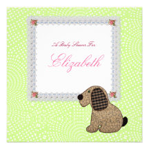 Cute Feminine Girl Gingham Dog Baby Shower Personalized Invitation