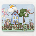 Cute Folk Country House and Picket Fence Art Mousepad