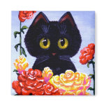 Cute Funny Black Cat Red Roses Creationarts art Fridge Magnet