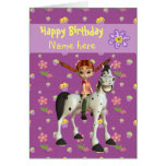 Cute Girl, Horse & Flowers Personalised Birthday Cards