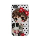 Cute girl with kawaii cat on black polka dots tough iphone 4 covers
