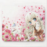 Cute girl with white cat on pink flowers field mousepads