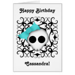 Cute goth punk skull with blue bow on black swirls card