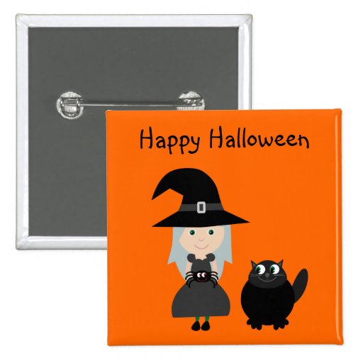 Cute Halloween Button With Witch, Spider & Cat