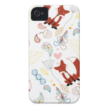 Cute Hand Drawn Fox Hearts in Yellow Blue Pink Case-Mate iPhone 4 Case