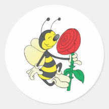 cute happy bee smelling rose round stickers