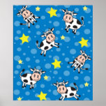 Cute Happy Mr. Cow Print - Blue