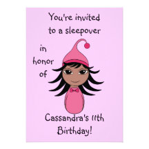 Cute hispanic pajama girl chibi in pink sleepover personalized invite