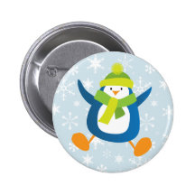 Cute Jumping Blue Penguin Button / Pin Badge