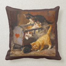 Cute Kittens Playing in a Cart, Vintage Art Pillow