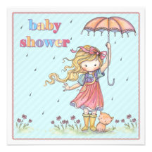 Cute Little Girl and Kitten Baby Shower Invites