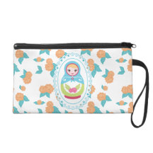 Cute Matryoshka Russian Nesting Doll and Roses Wristlet Clutch
