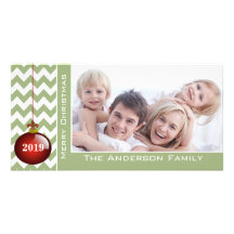 Cute Merry Christmas Red Ornament Chevron Pattern Personalised Photo Card