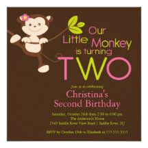 Cute Modern Monkey 2nd Birthday Party Invitations