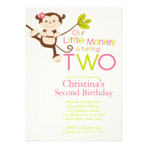 Cute Modern Monkey 2nd Birthday Party Invitations