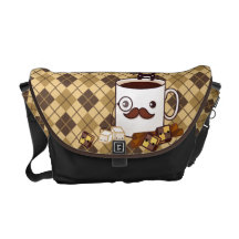 Cute moustache coffee cup on chocolate argyle courier bags