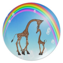 Cute Mum & Baby Giraffe & Rainbow Dinner Plate