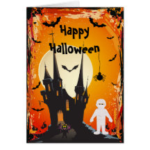 Cute Mummy, Bats & Castle Halloween Card